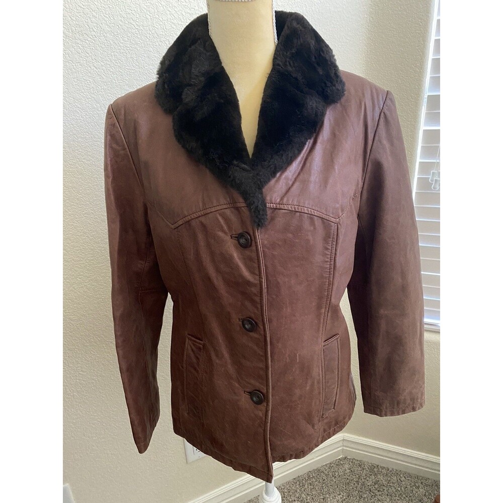 Vintage Guess Womens Brown Leather Coat Jacket w Faux Fur Trim SZ M